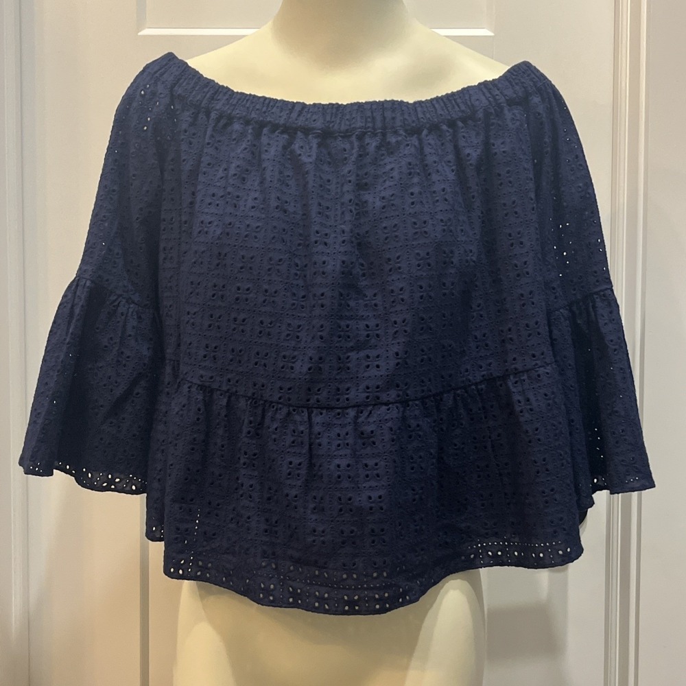 Likely Women's Navy Blue Eyelet Off The Shoulder Blouse Short Length Size 6